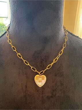 Gold Tone Link Chain Necklace Mother of Pearl Mosaic Heart Pendant
